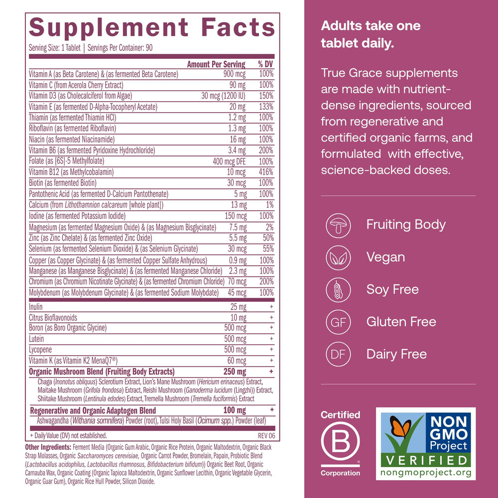 True Grace bottle side label shows ingredients and dosage for confident daily use