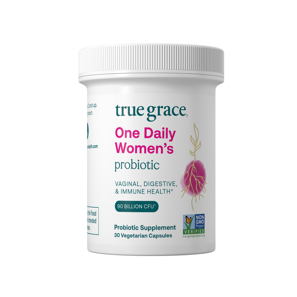 True Grace One Daily Women’s Probiotic bottle highlighting 90B CFU potency for digestion and immunity.