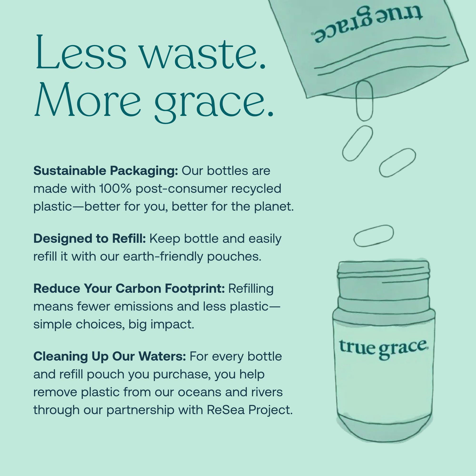 True Grace sustainable refill pouch packaging illustrating eco-friendly care