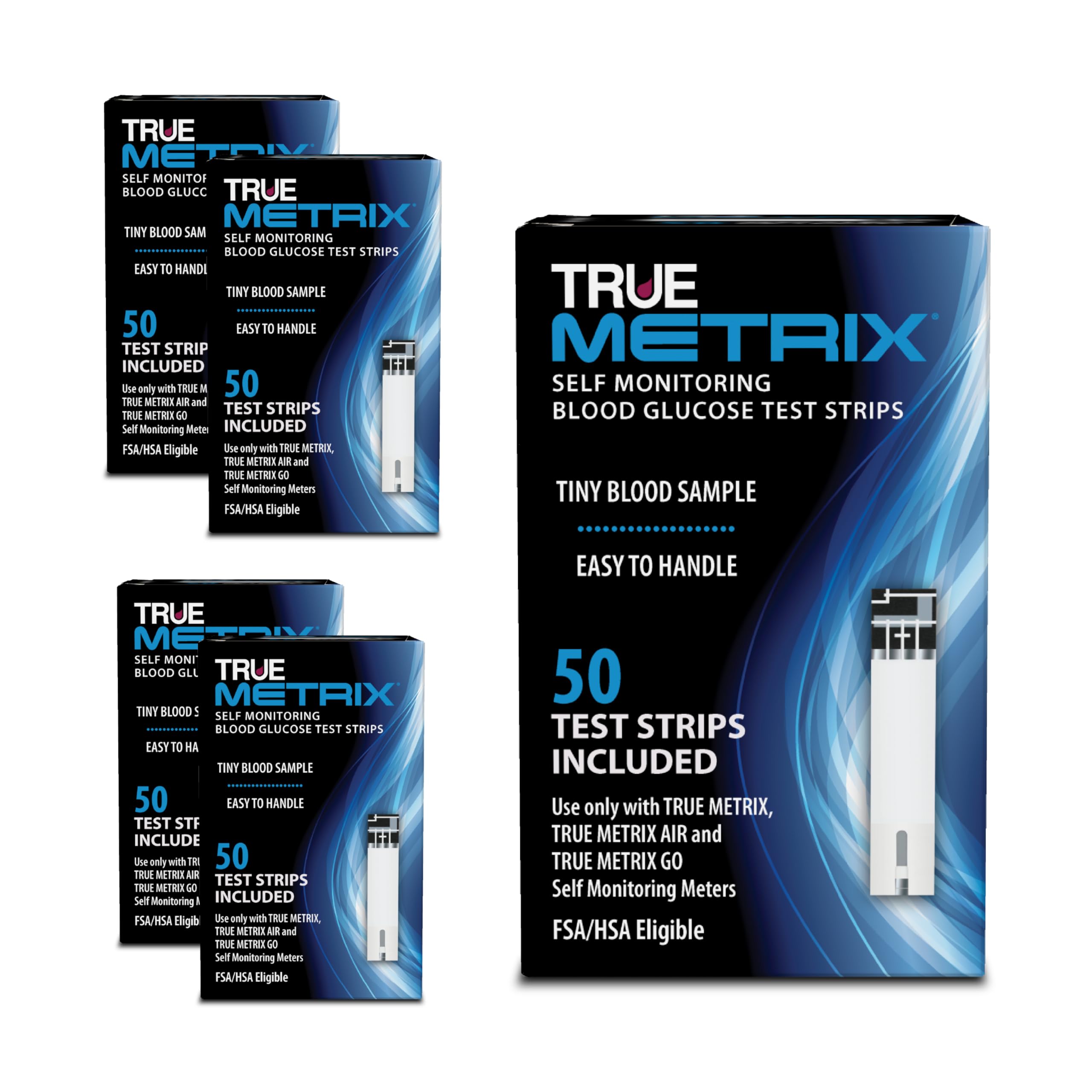 TRUE METRIX test strips box shows a 250-count pack for convenient at-home testing.