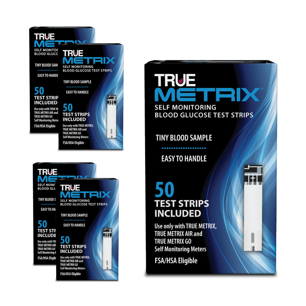 TRUE METRIX test strips box shows a 250-count pack for convenient at-home testing.