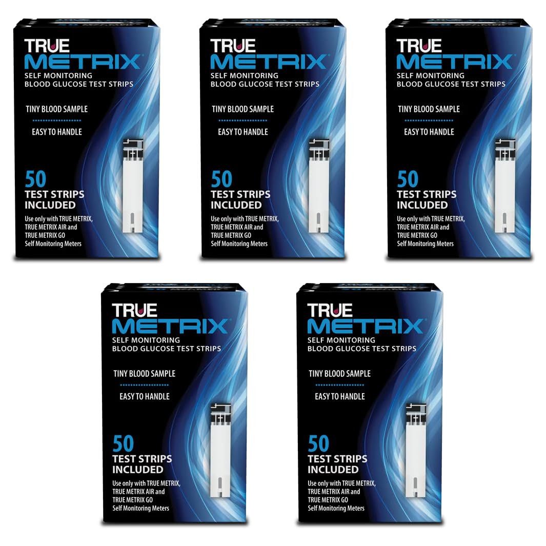 TRUE METRIX test strips box shows a 250-count pack for convenient at-home testing.