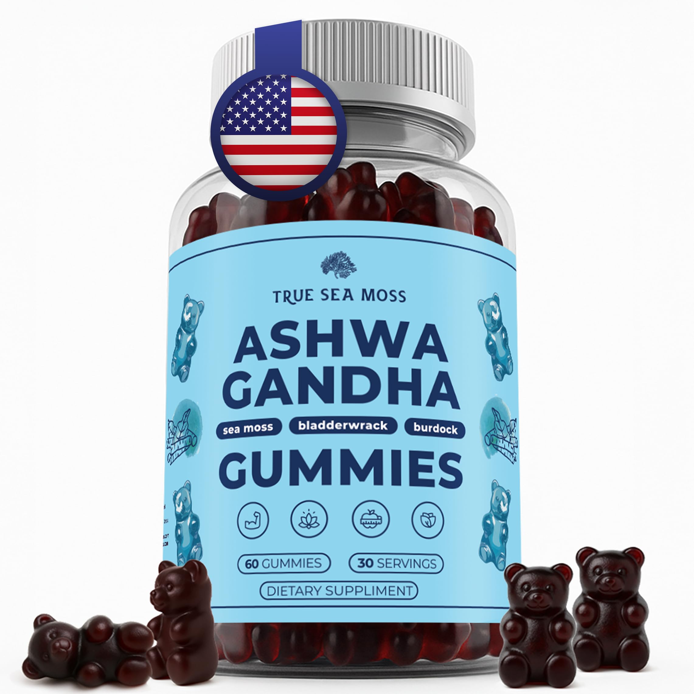 Bottle of TrueSeaMoss Sea Moss Gummies with Ashwagandha, Burdock Root and Bladderwrack