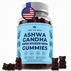 Bottle of TrueSeaMoss Sea Moss Gummies with Ashwagandha, Burdock Root and Bladderwrack