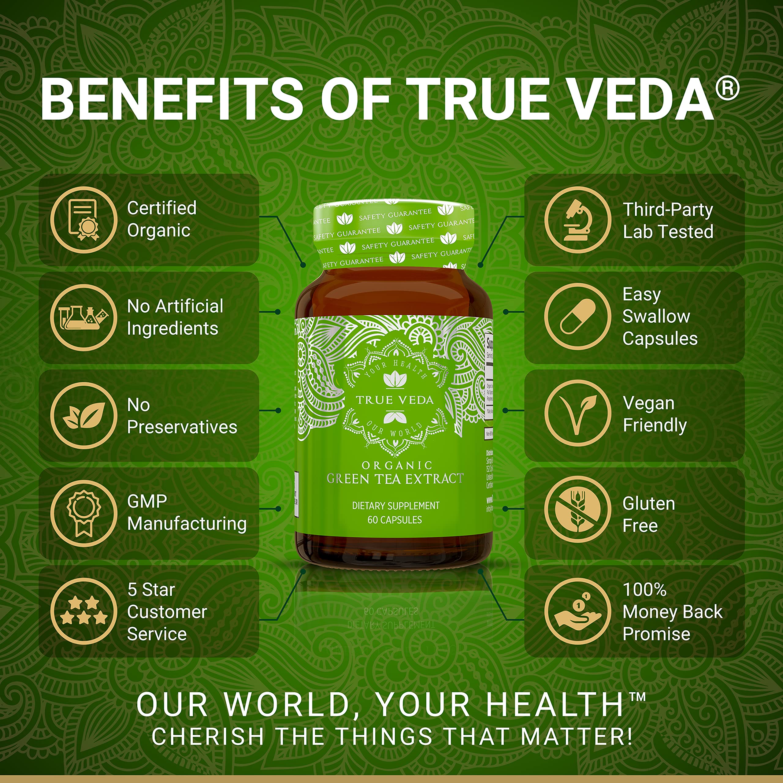Close-up of True Veda green tea extract bottle with organic label.