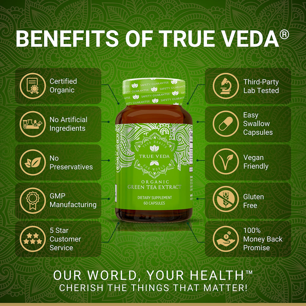 Close-up of True Veda green tea extract bottle with organic label.