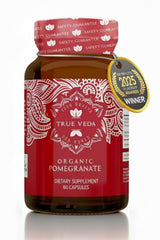 True Veda Organic Pomegranate Extract bottle with capsules for daily antioxidant support