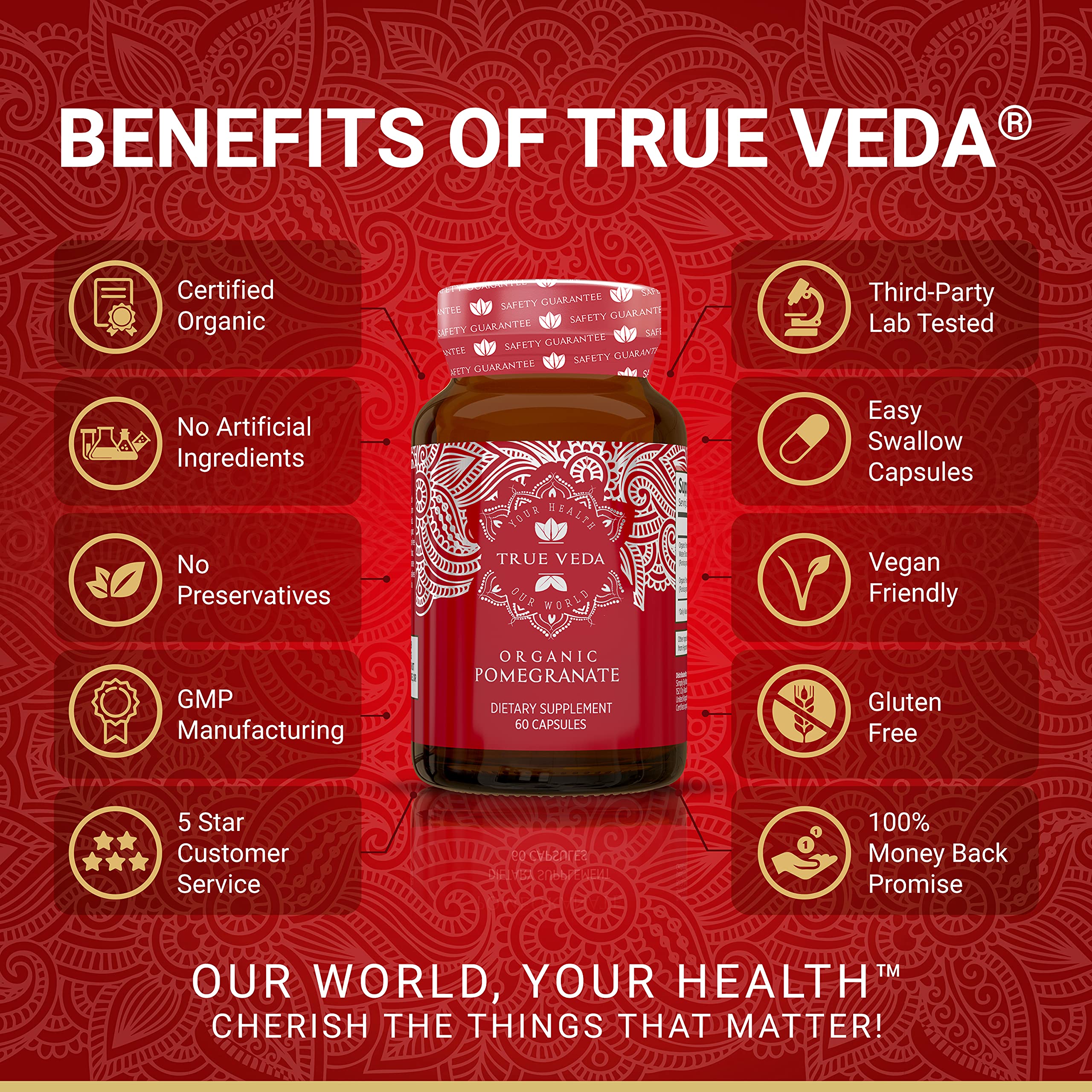 Close-up of Punicalagins-rich pomegranate capsules from True Veda for daily wellness