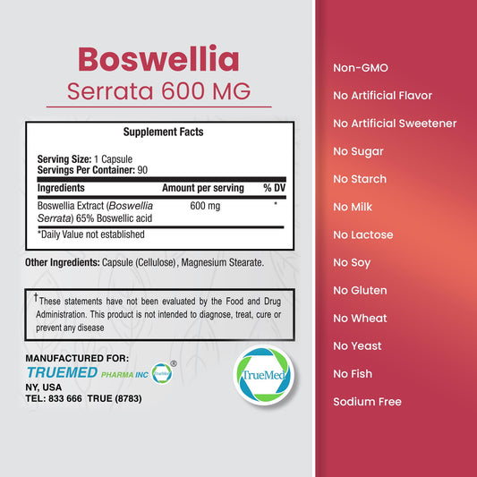 Label showing 65% Boswellic Acid standardization