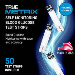 TRUE METRIX 50-count box highlights a ready-to-use supply for routine testing