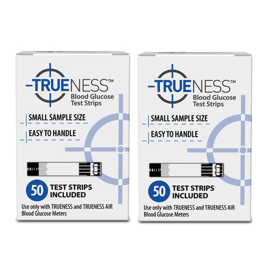TRUENESS Blood Glucose Test Strips pack shot for easy at-home monitoring.