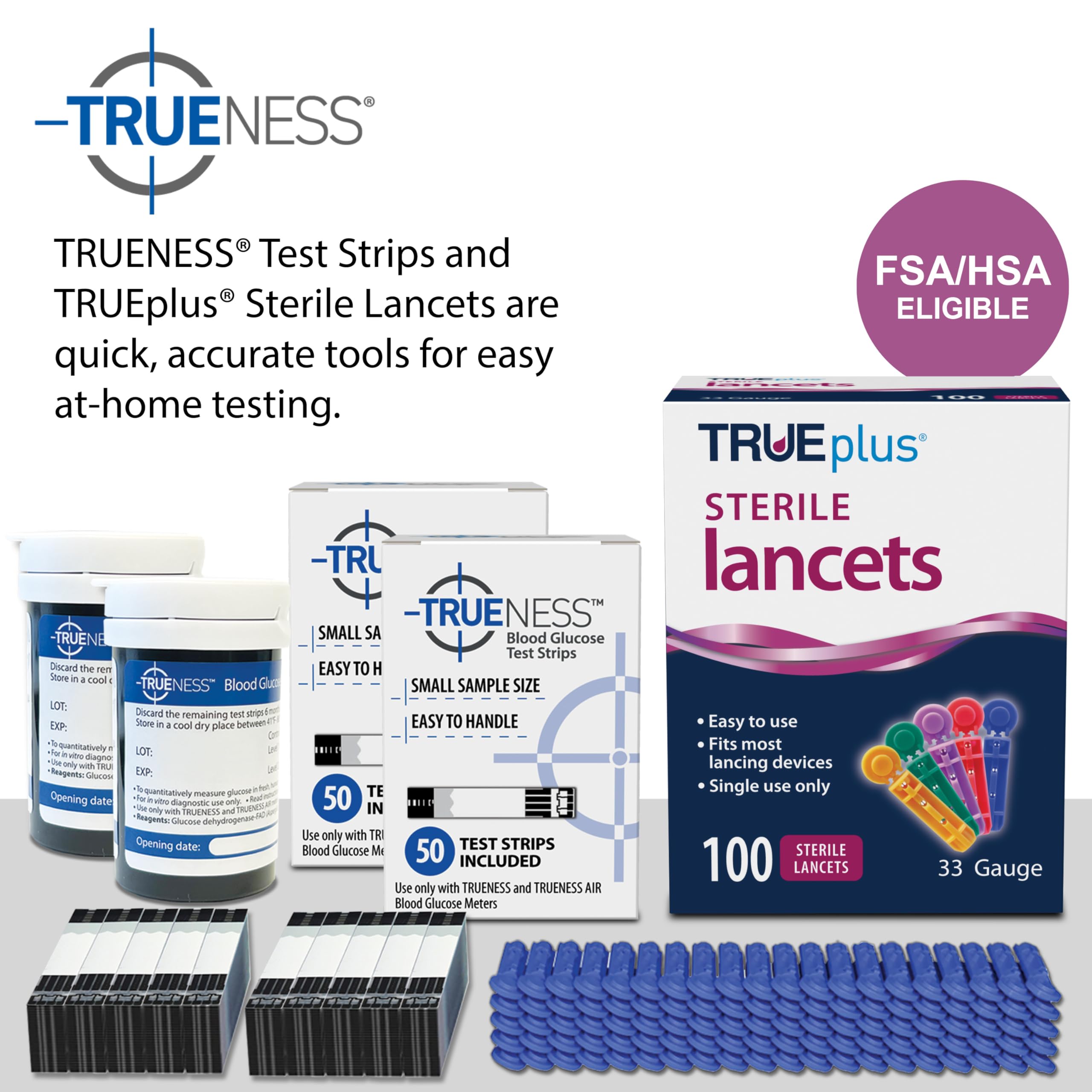 TRUENESS 100 lancets pack shown for quick, comfortable blood sampling