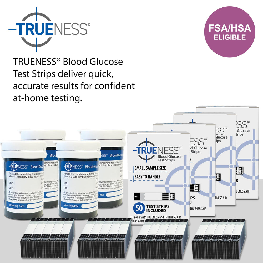 TRUENESS test strip close-up showing 1 μL blood sample for quick results at home