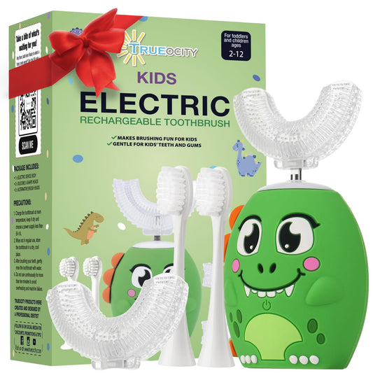Front view of Trueocity Kids U Shape Electric Toothbrush with 360° green dinosaur head