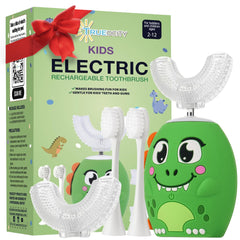 Front view of Trueocity Kids U Shape Electric Toothbrush with 360° green dinosaur head