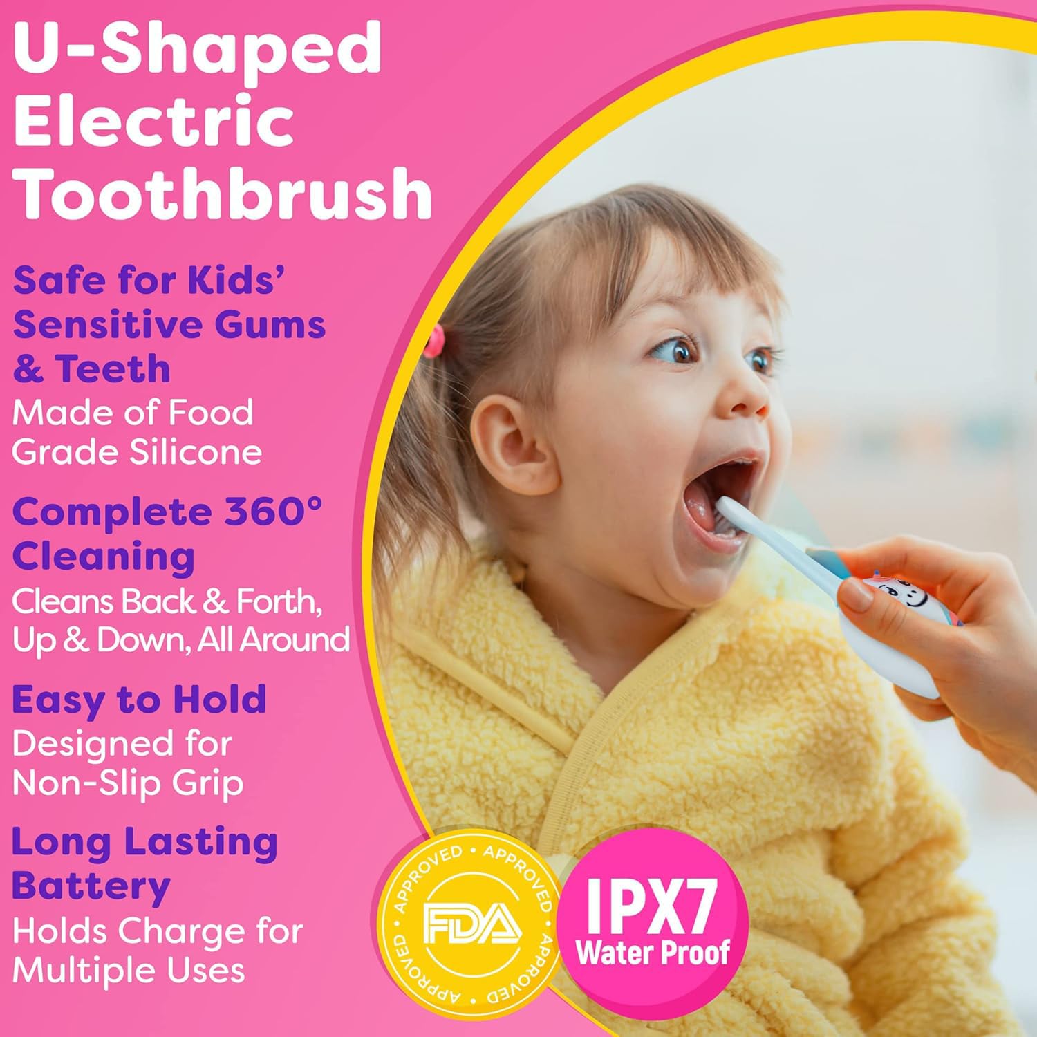 Kid holding Trueocity Unicorn Pink U-Shape Toothbrush