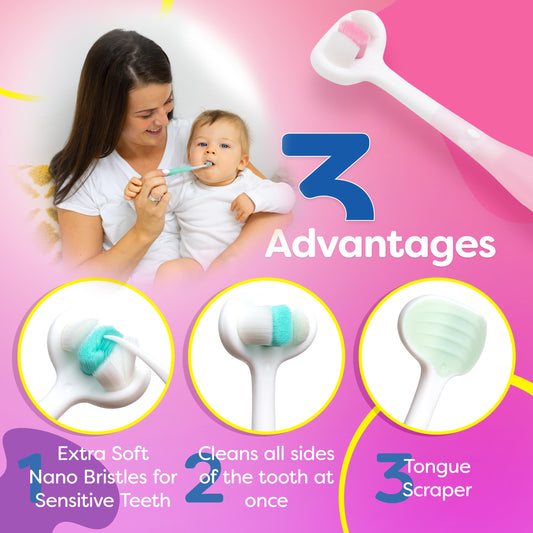 Side view of Trueocity toddler toothbrush 3-pack with easy-grip handle