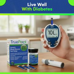 TruePoint blood glucose test strips box ready for quick home testing.