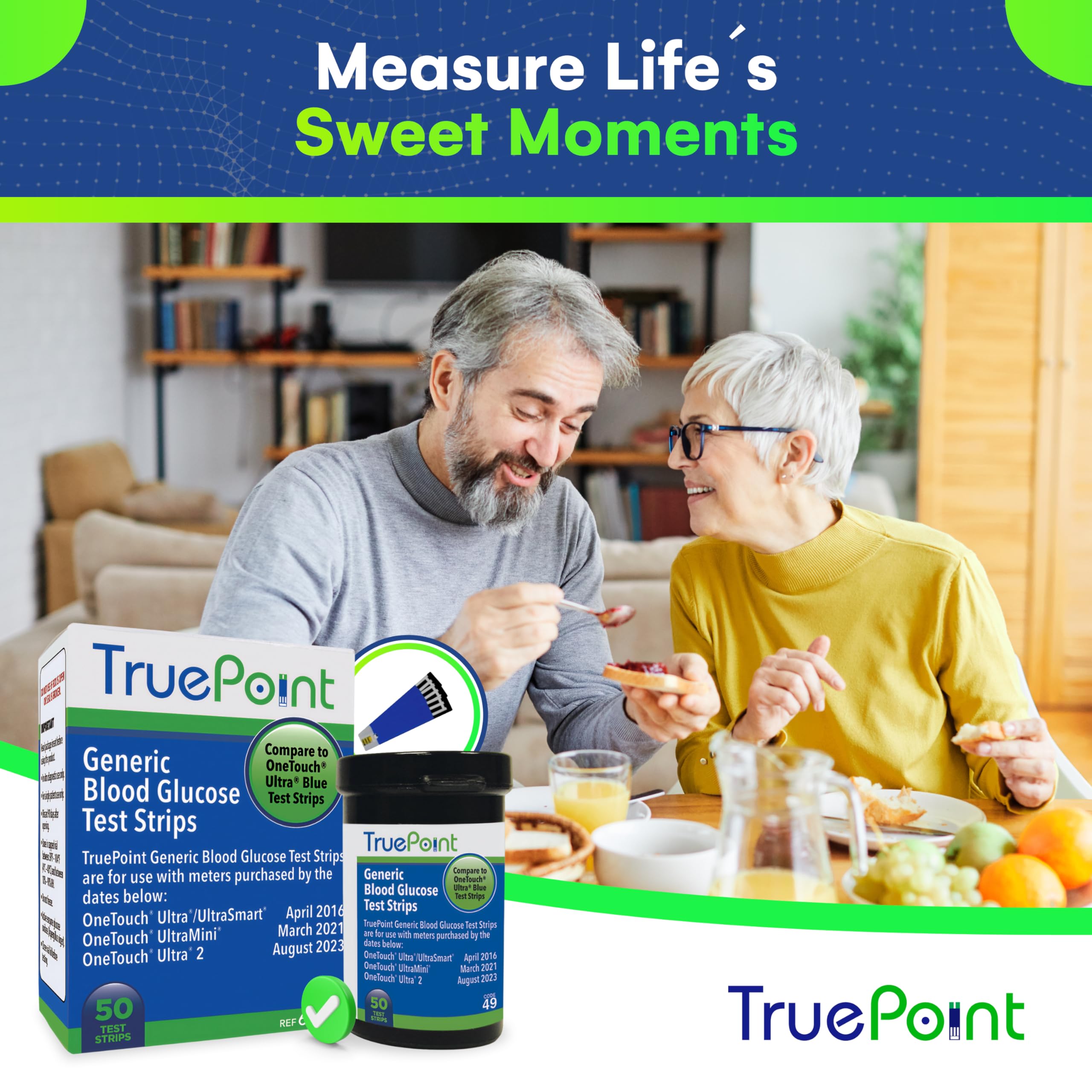 TruePoint home-use monitoring setup demonstrates simple daily glucose checks.