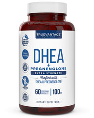Truevantage DHEA 100mg and Pregnenolone 60mg supplement bottle with veggie capsules