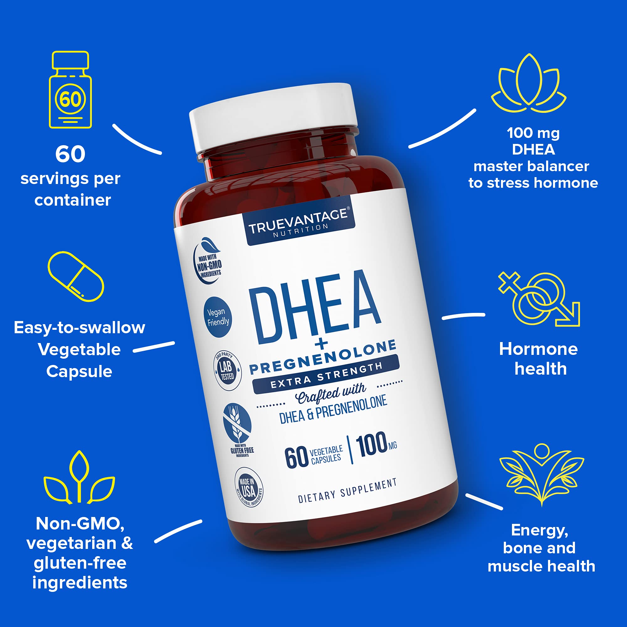 Supplement facts panel showing DHEA 100mg and Pregnenolone 60mg