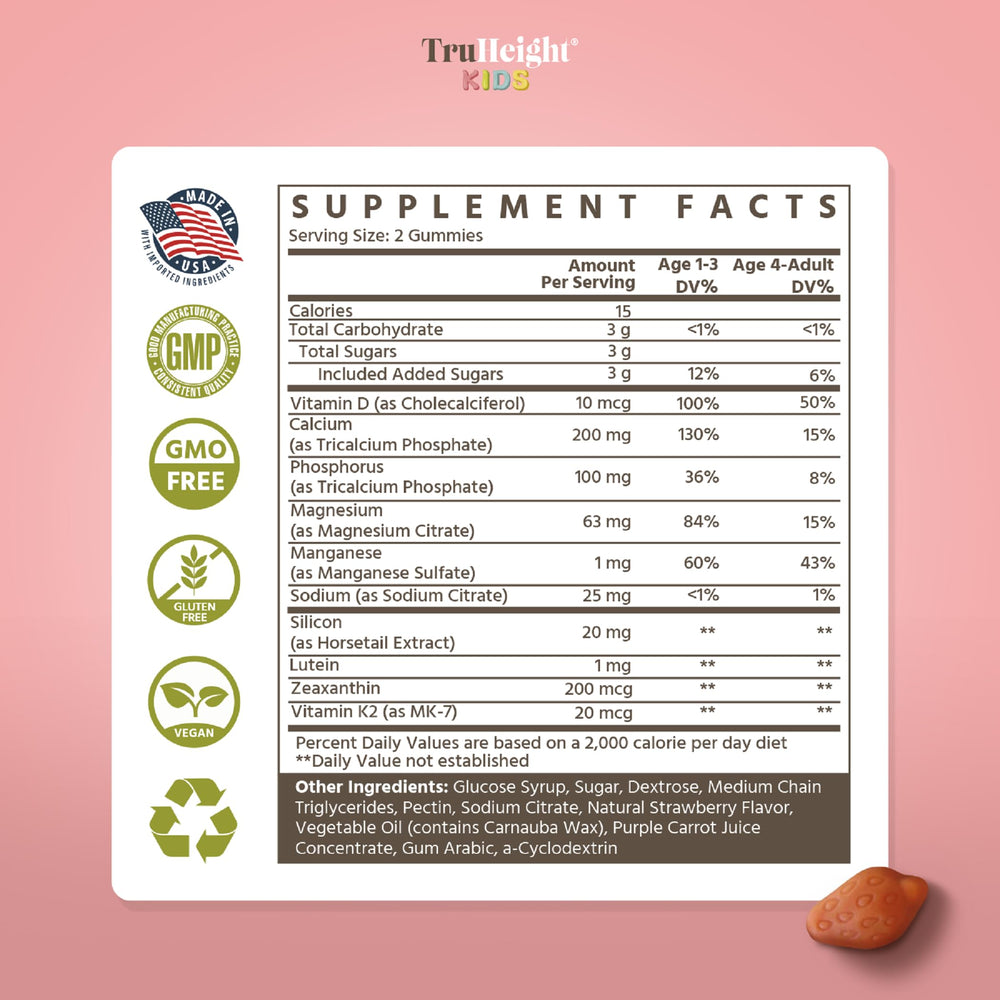 Box and packaging of TruHeight strawberry gummies for toddlers