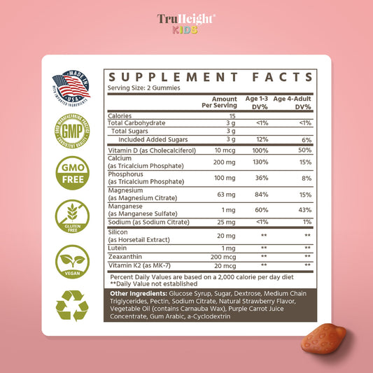 Box and packaging of TruHeight strawberry gummies for toddlers