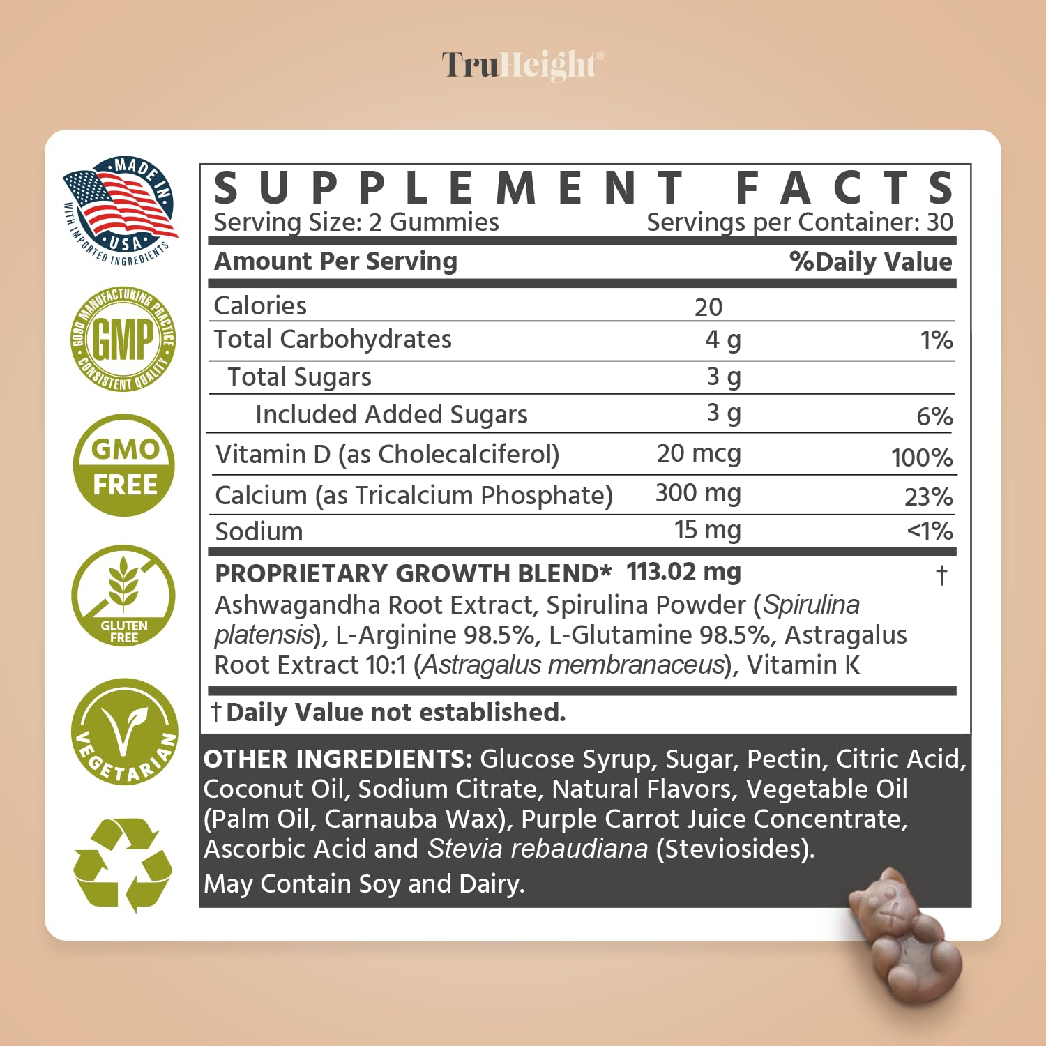 TruHeight Growth Gummies Calcium Vitamin D K2 bottle highlighting mineral absorption support.