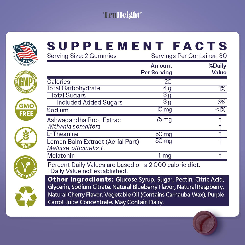 TruHeight dosage chart on packaging indicates 2 gummies for ages 4 and up