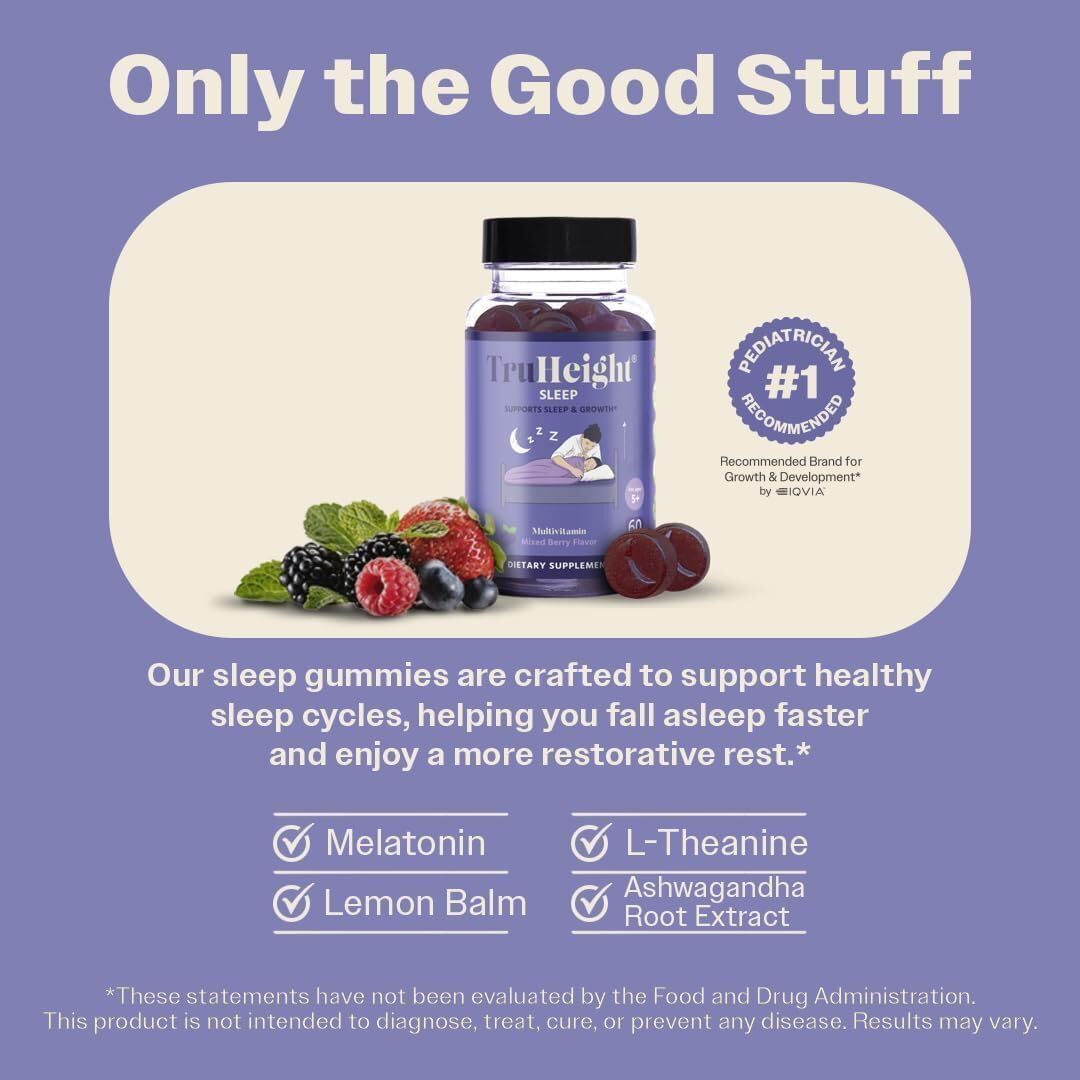 TruHeight Sleep Gummies label highlighting four-ingredient blend for growing bodies