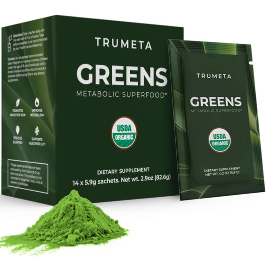 Front view of TRUMETA Greens Powder Travel Pack box with 14 servings
