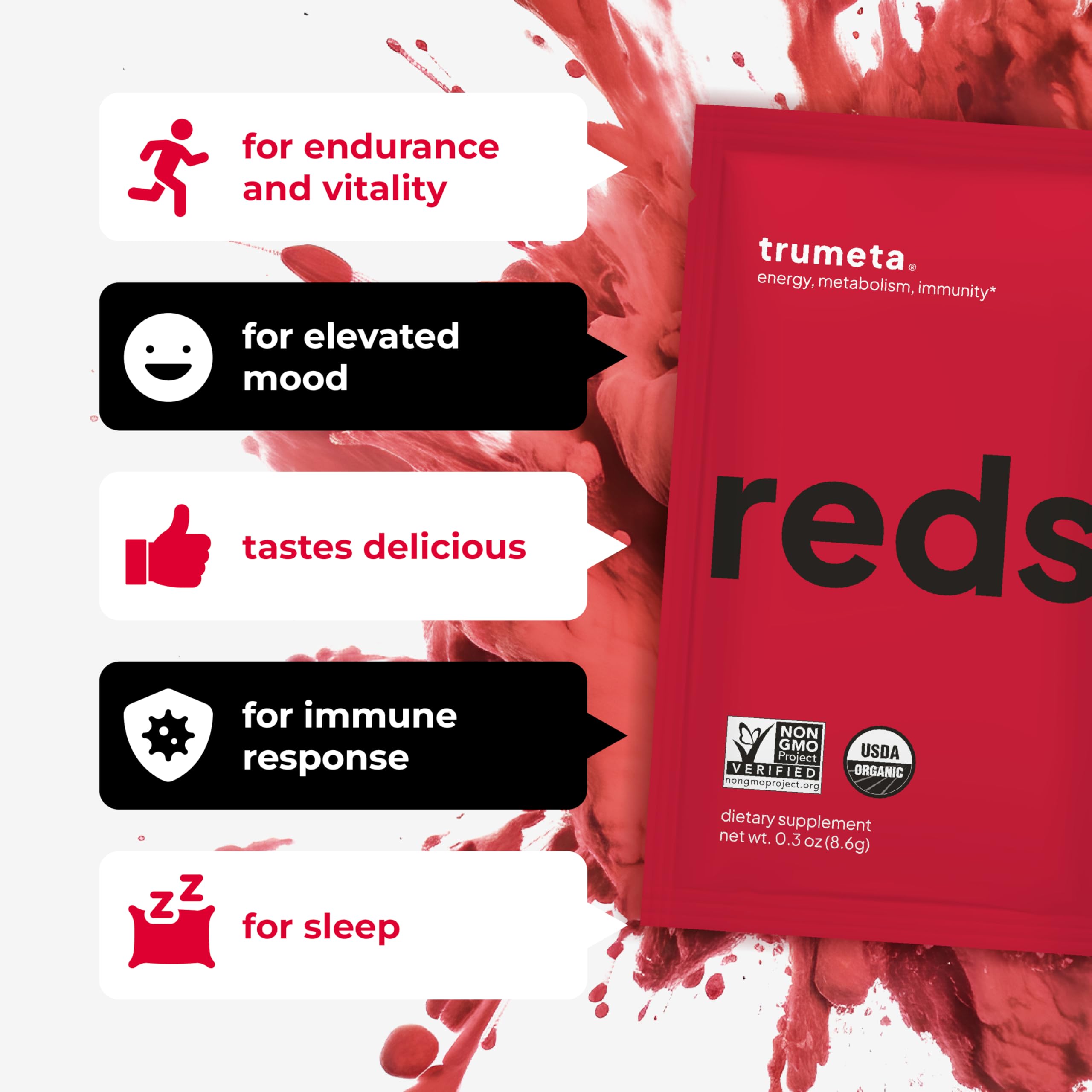 Single-serving Reds powder sachets arranged neatly
