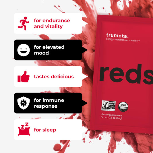 Single-serving Reds powder sachets arranged neatly
