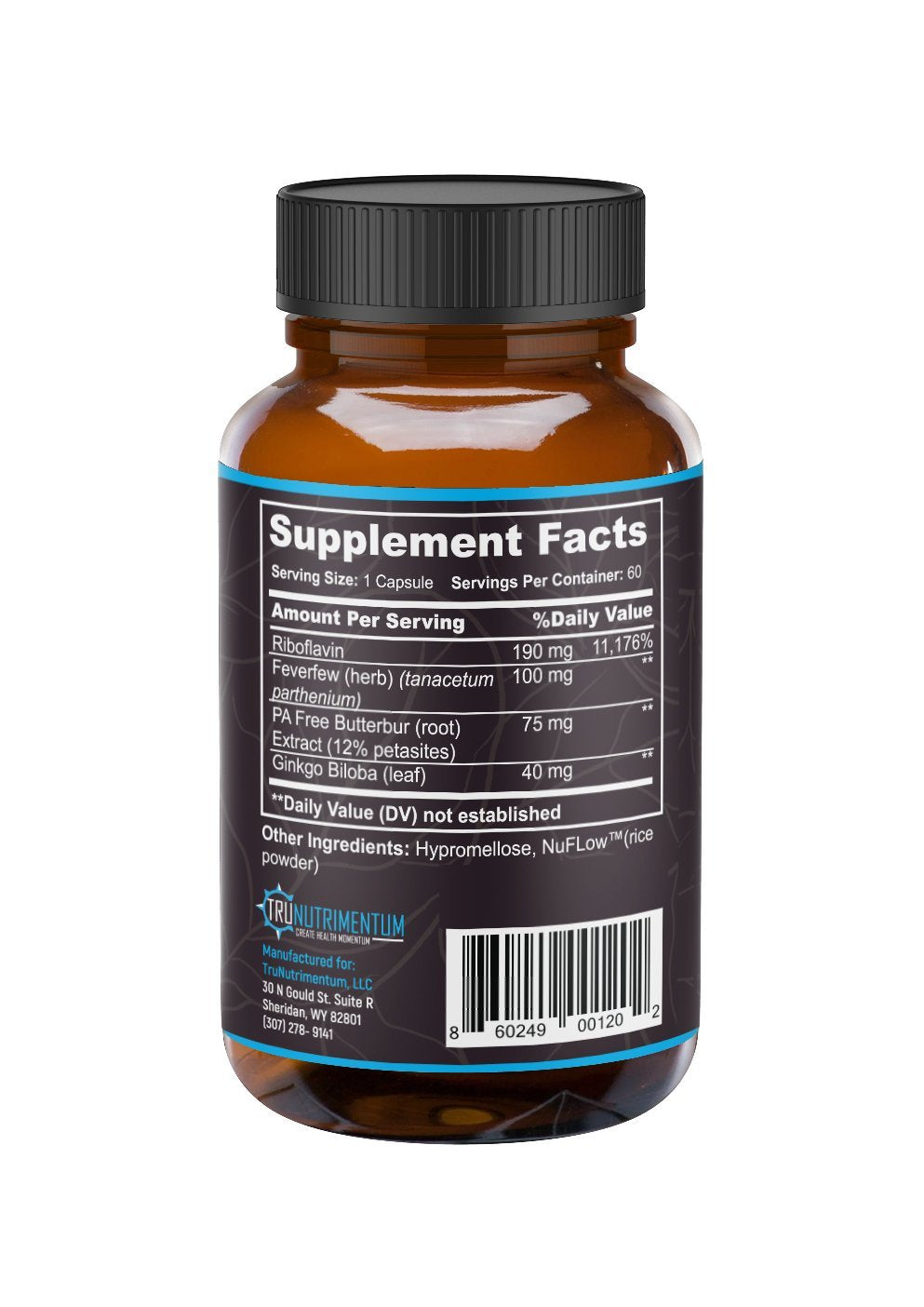 Graphic showing TruMigraine ingredients: Riboflavin, Feverfew, Butterbur, Ginkgo Biloba
