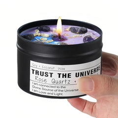 Rose Quartz crystal with Trust The Universe healing candle for heart chakra