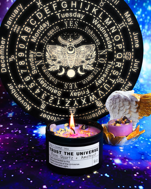 Amethyst crystal with Trust The Universe candle for divine connection