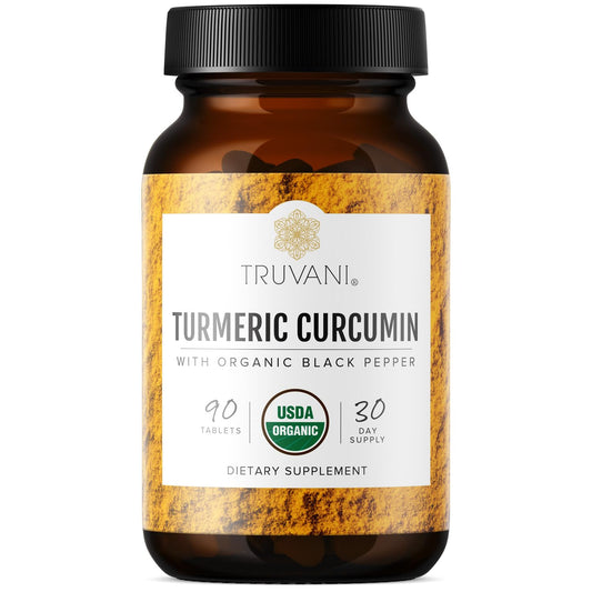 Front view of Truvani Organic Turmeric Curcumin 1,350 mg, 90 tablets