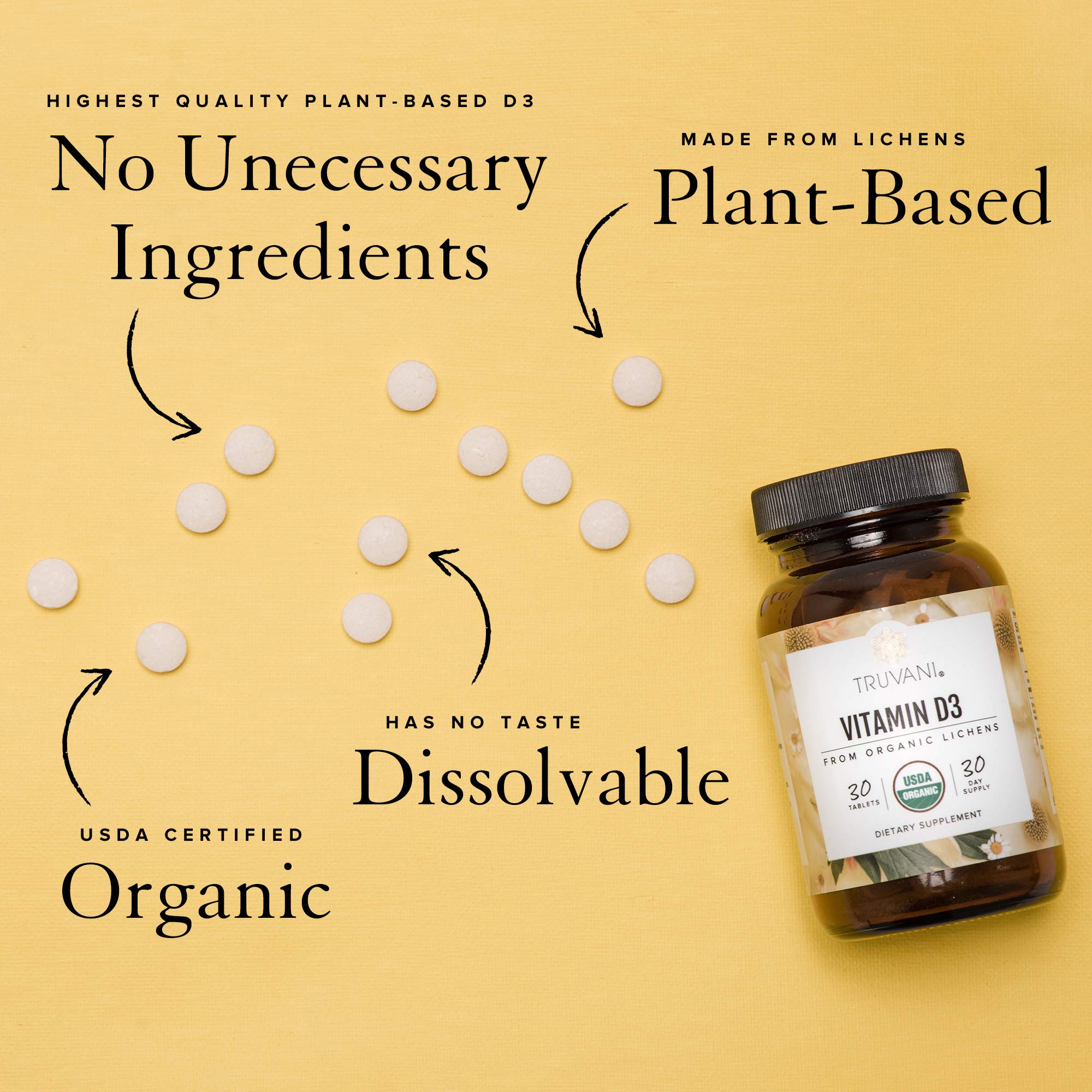 Close-up of Vitamin D3 tablets derived from organic lichen