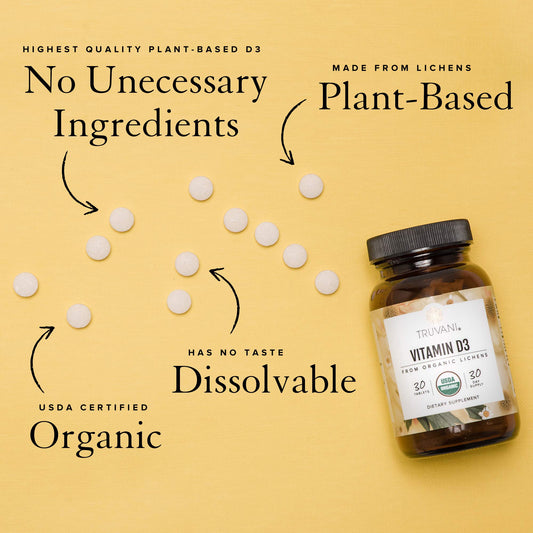 Close-up of Vitamin D3 tablets derived from organic lichen