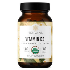 Front view of Truvani Organic Vitamin D3 bottle with vegan and USDA Organic labeling