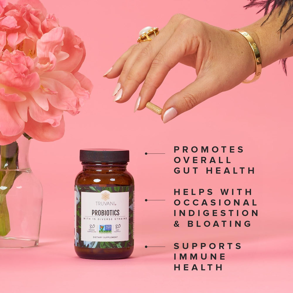 Graphic illustrating 15 probiotic strains for digestive health