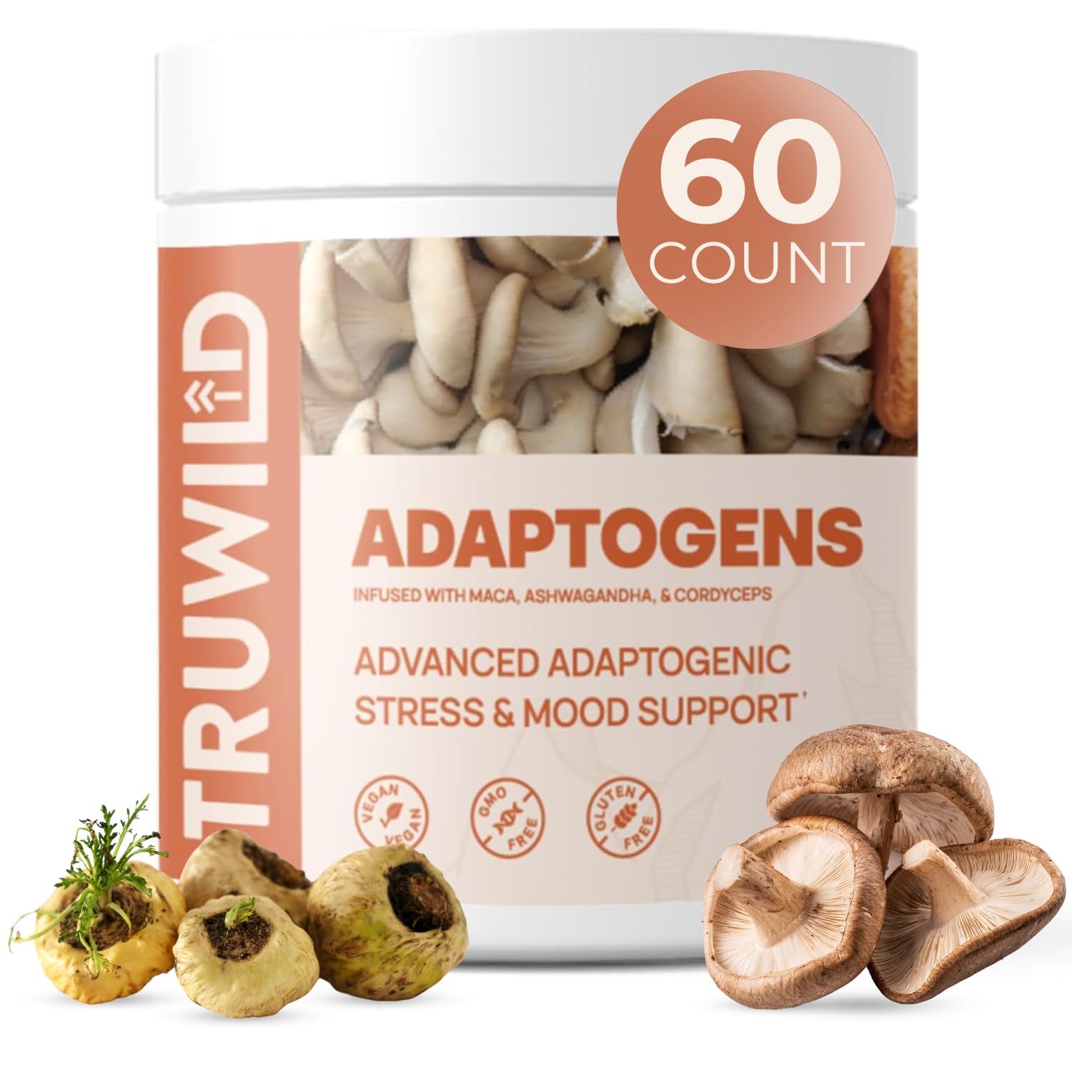 Hero image: TruWild Adaptogen Blend bottle with Cordyceps, Maca and Ashwagandha 60 capsules