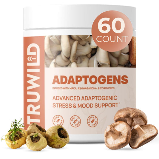 Hero image: TruWild Adaptogen Blend bottle with Cordyceps, Maca and Ashwagandha 60 capsules