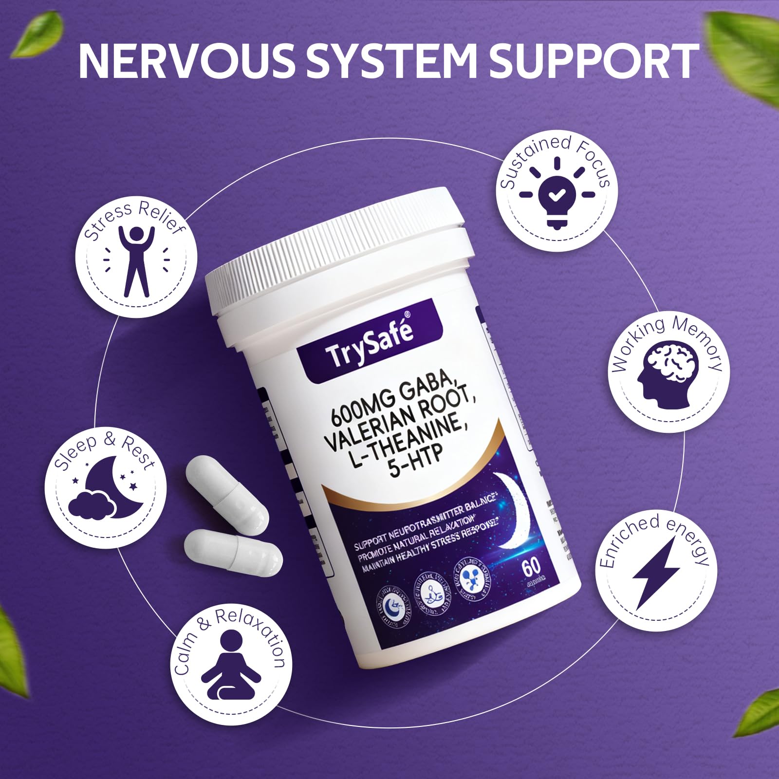 Close-up of ingredients GABA Valerian L-Theanine and 5-HTP