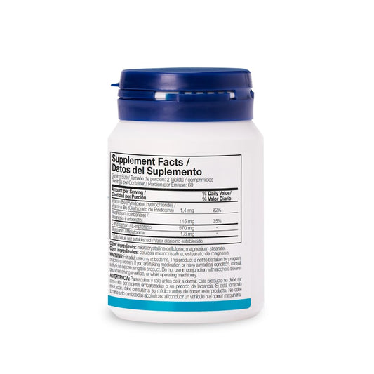Two tablets serving with packaging visible for Tryptophan Melatonin Magnesium Vitamin B6