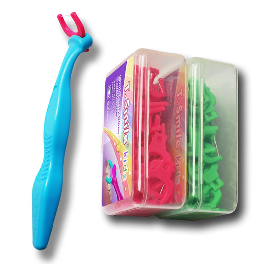T.Smile Kids Evolutionary Clean Dental Flosser Kit with blue child-sized handle
