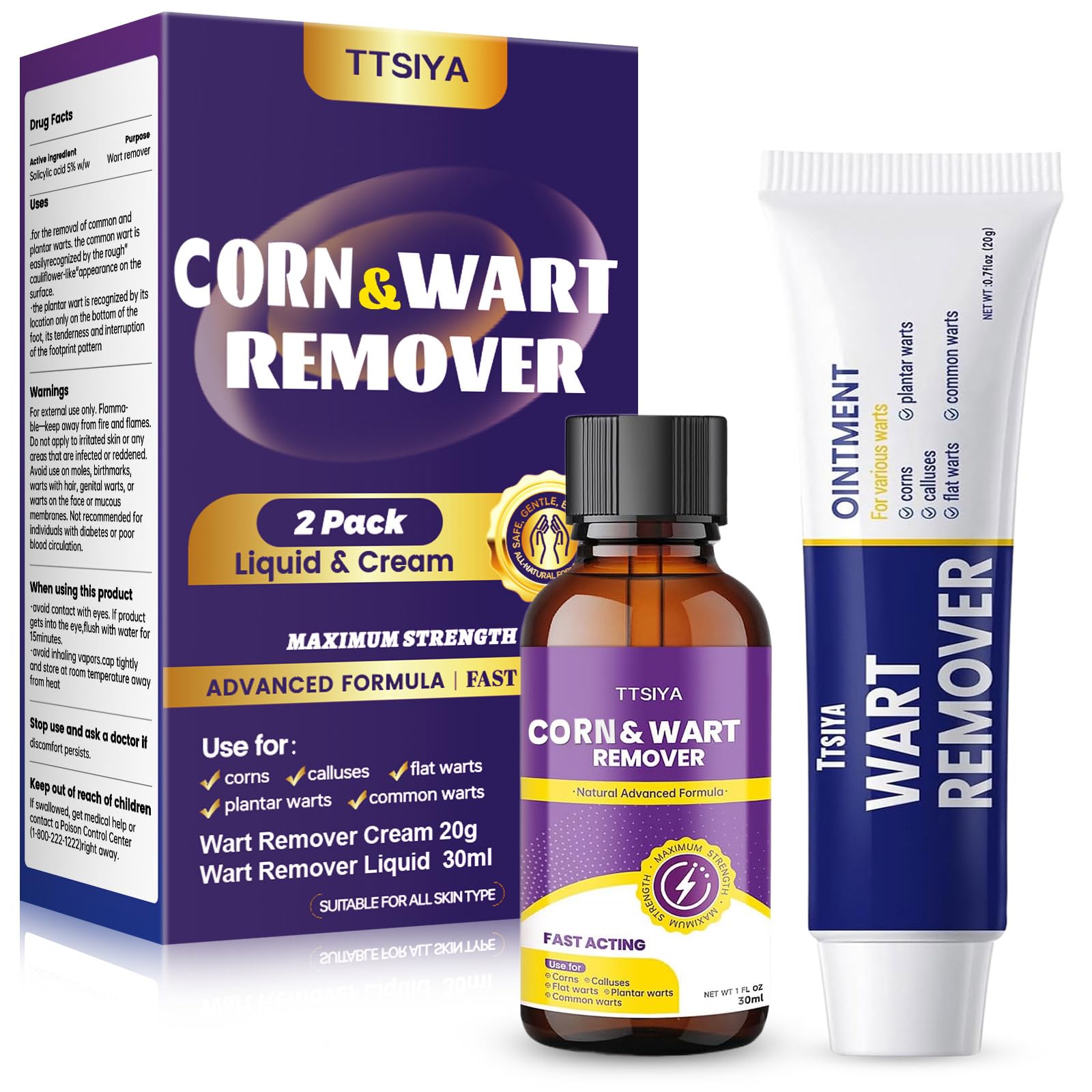 TTsiya Wart Remover Cream tube close-up highlighting fast acting wart relief.