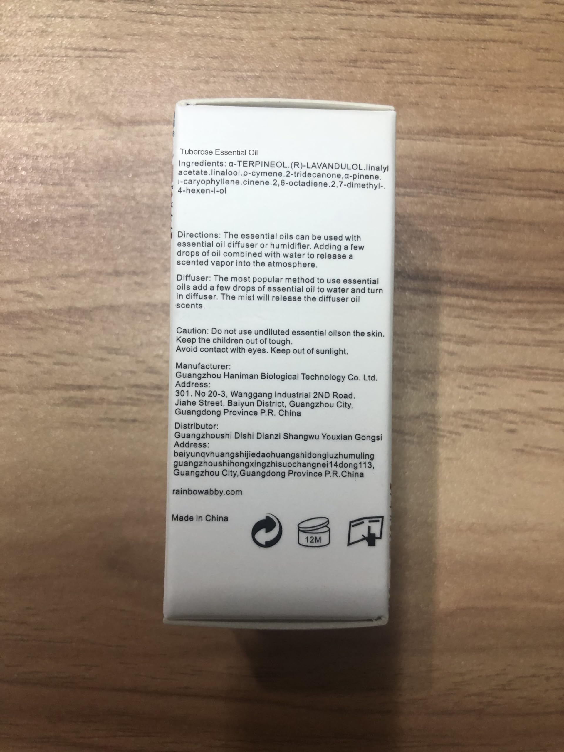 Organic cultivation label for tuberose essential oil