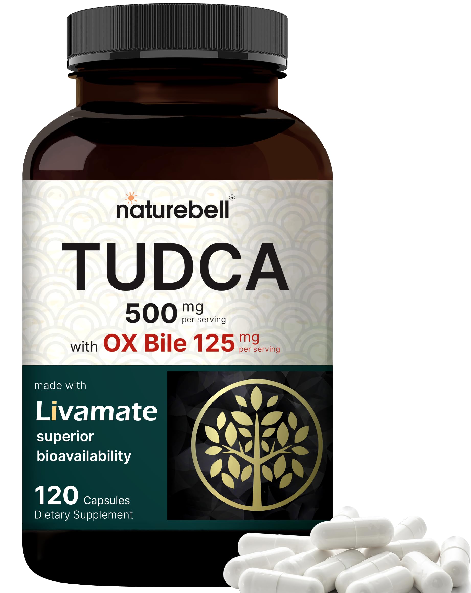TUDCA 500mg with 125mg OX Bile per serving label on bottle