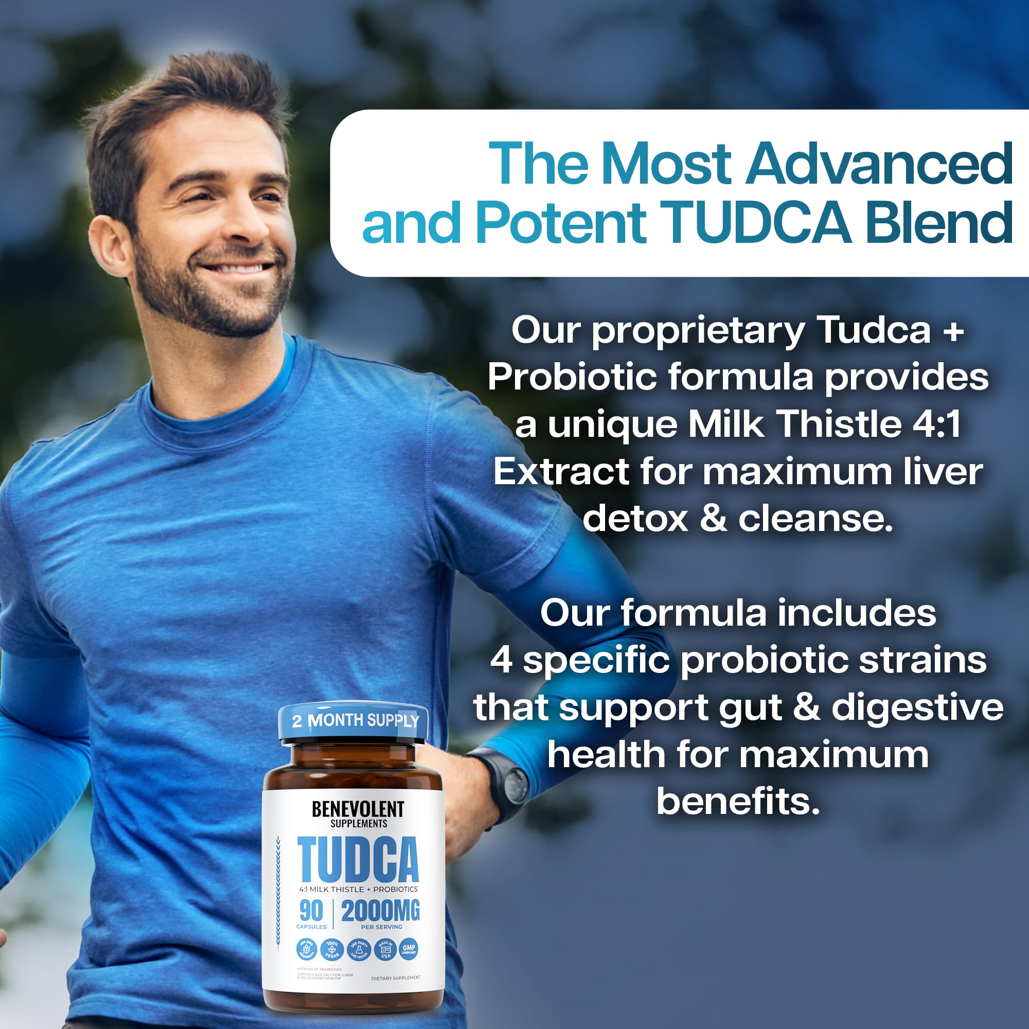 Graphic illustrating Tudca, milk thistle, and probiotics for digestion